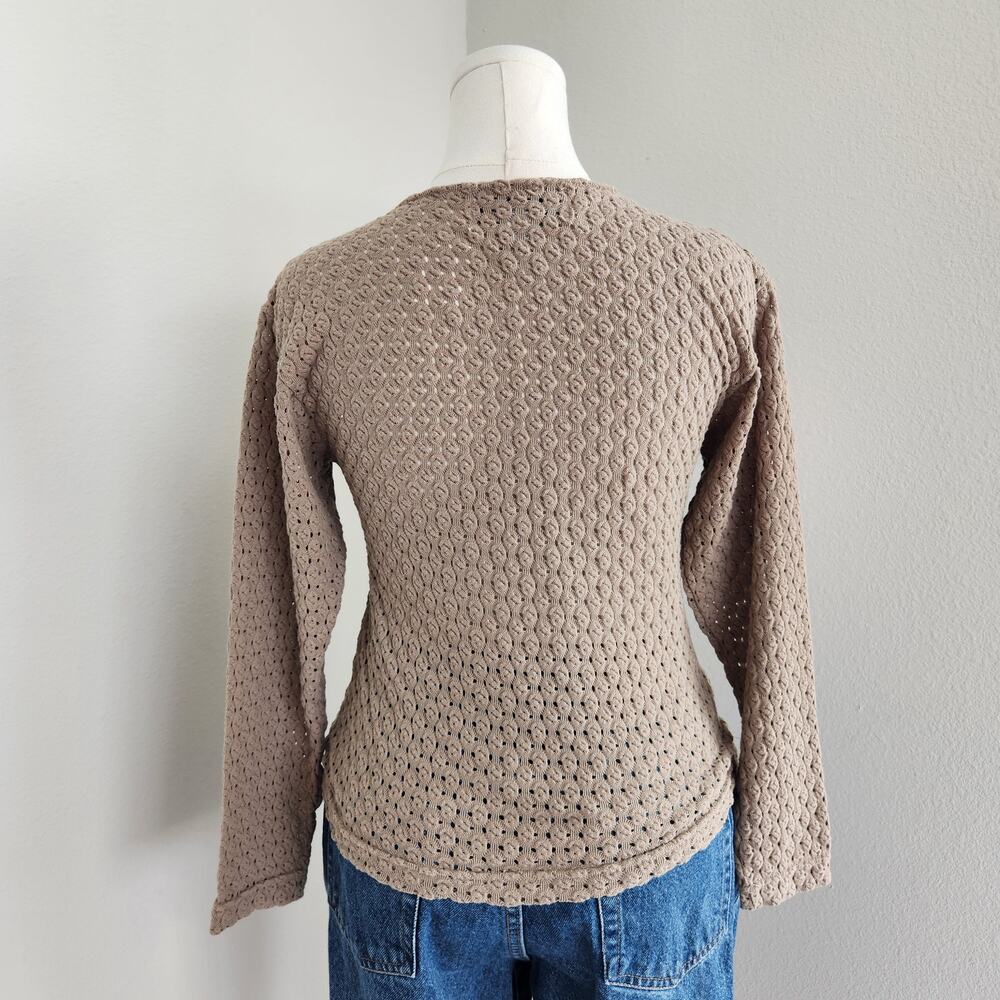 Vintage 90s Taupe Brown Open Knit Long Sleeve Pullover Sweater Top Neutral L - Picture 8 of 9